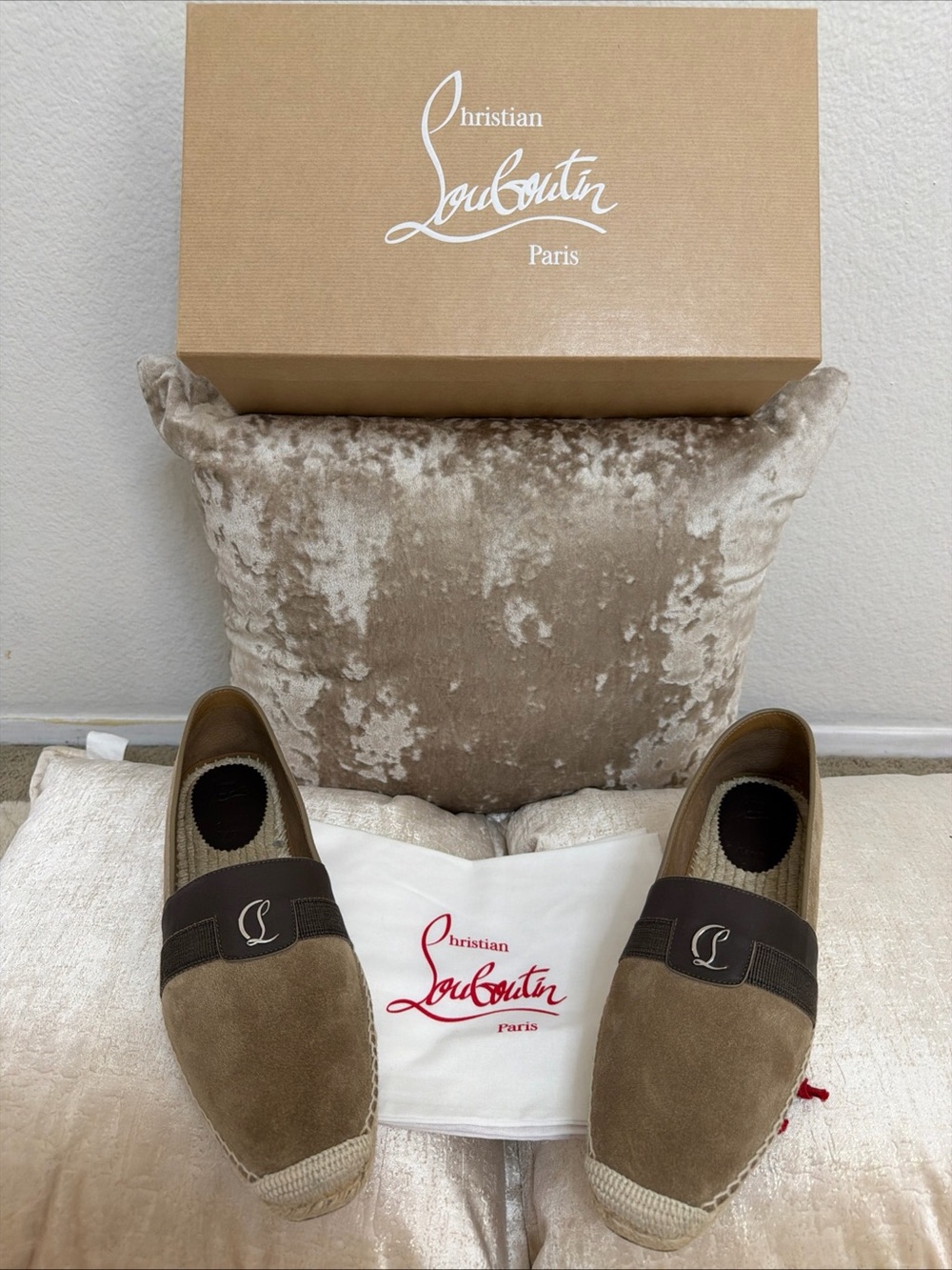 Christian Louboutin Men’s Taupe Suede Slip-On Espadrilles